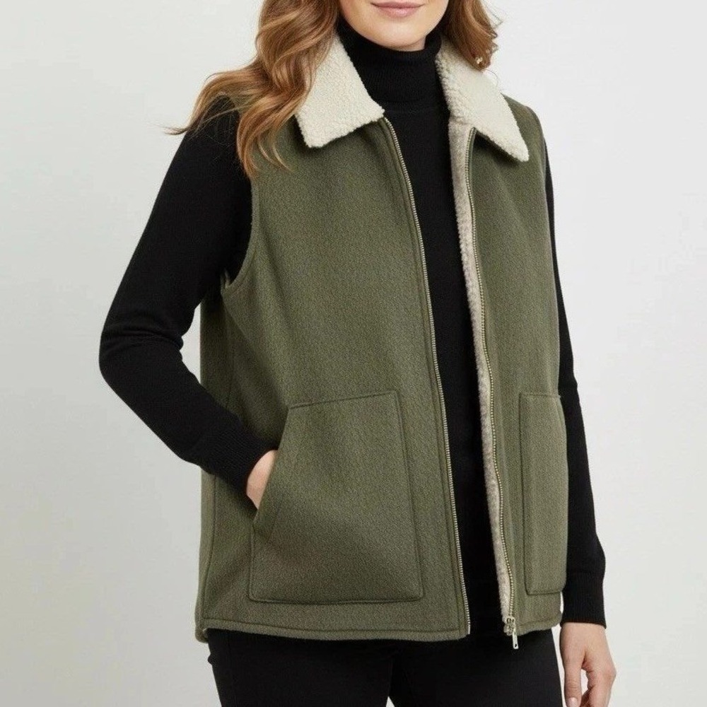 NWOT Sanctuary Wool Blend Women's M Green Faux Fur Lined Zip Vest